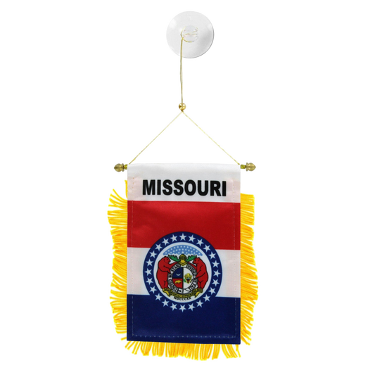 Missouri state flag hanging banner with yellow fringe on a white background