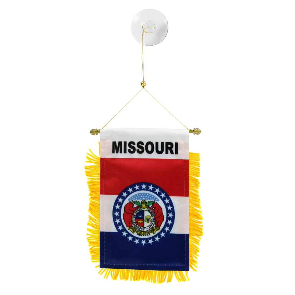 Missouri state flag hanging banner with yellow fringe on a white background