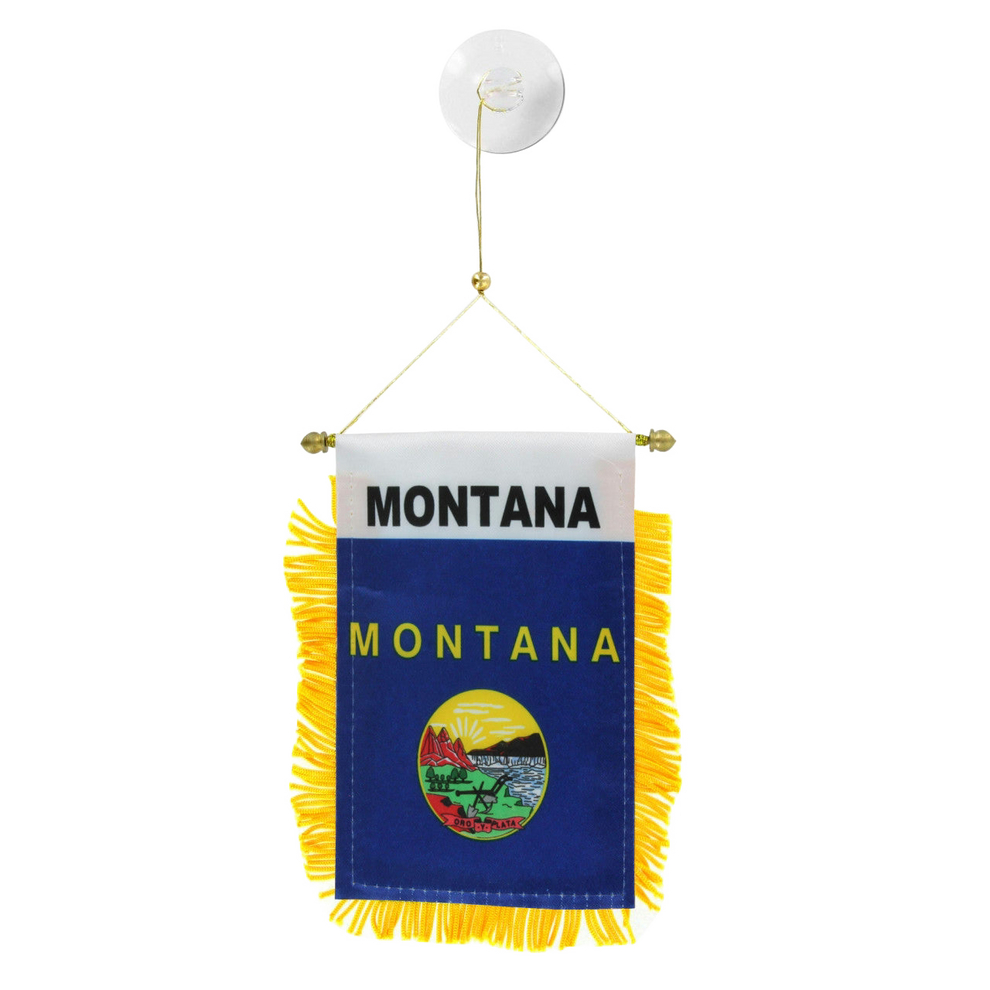 Montana state flag hanging banner with yellow fringe on a white background