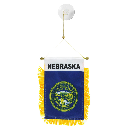 Nebraska state flag hanging banner with blue background and yellow fringe on a white background