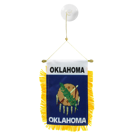 Small Oklahoma state flag with yellow fringe on a white background