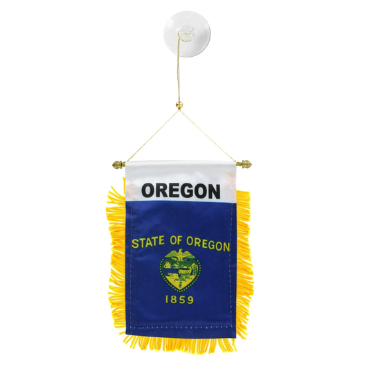 Small hanging flag with 'OREGON' and 'STATE OF OREGON 1859' text on a white background