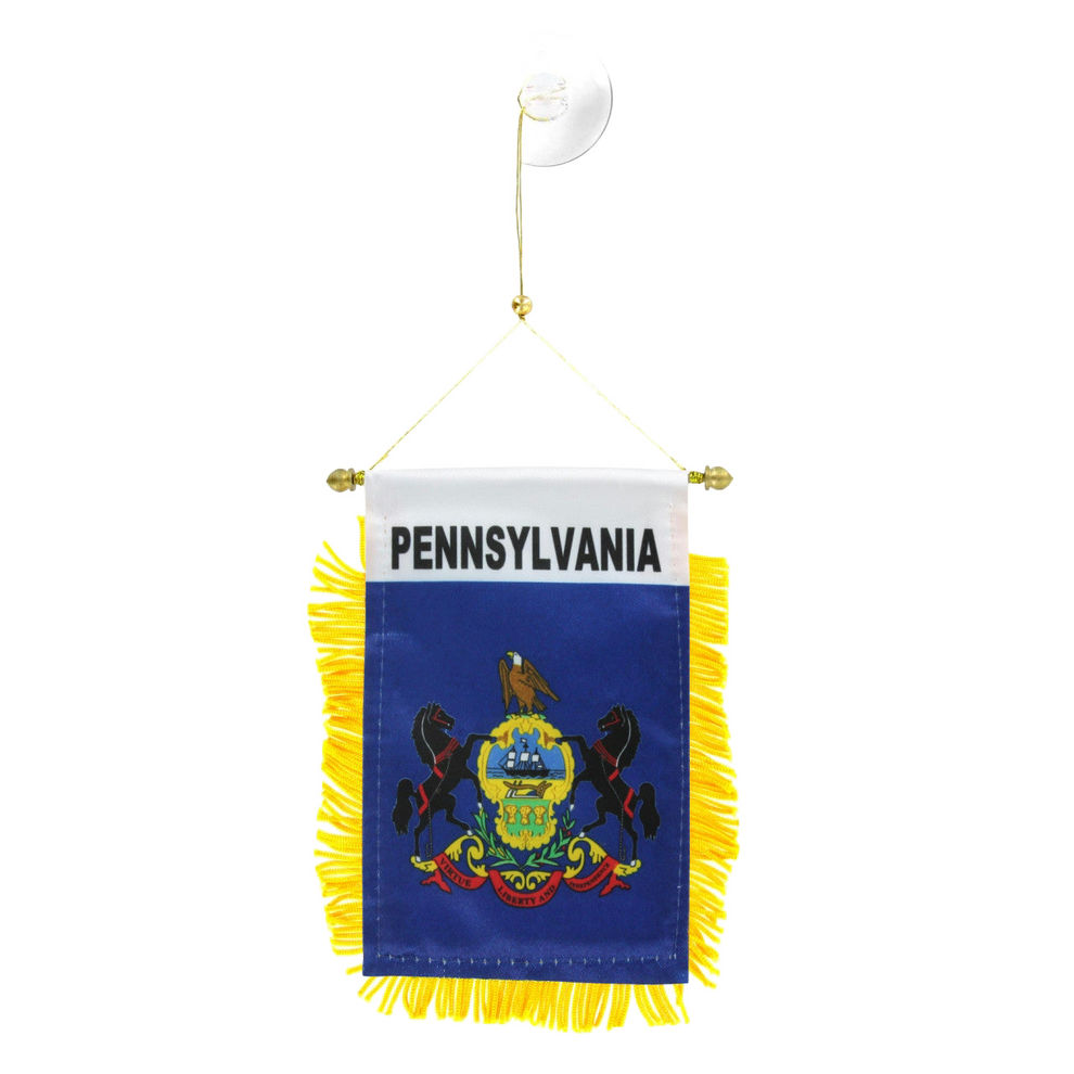 Pennsylvania state flag hanging banner with yellow fringe on a white background