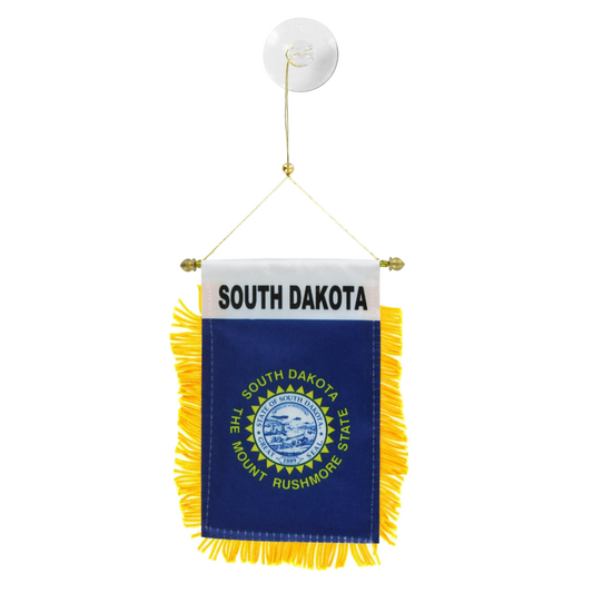 South Dakota state flag hanging banner with blue background and yellow fringe on a white background