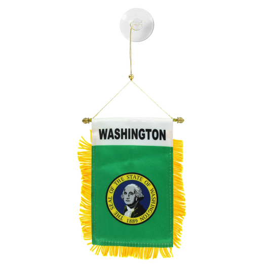 Small hanging flag with 'Washington' text and state seal on a white background