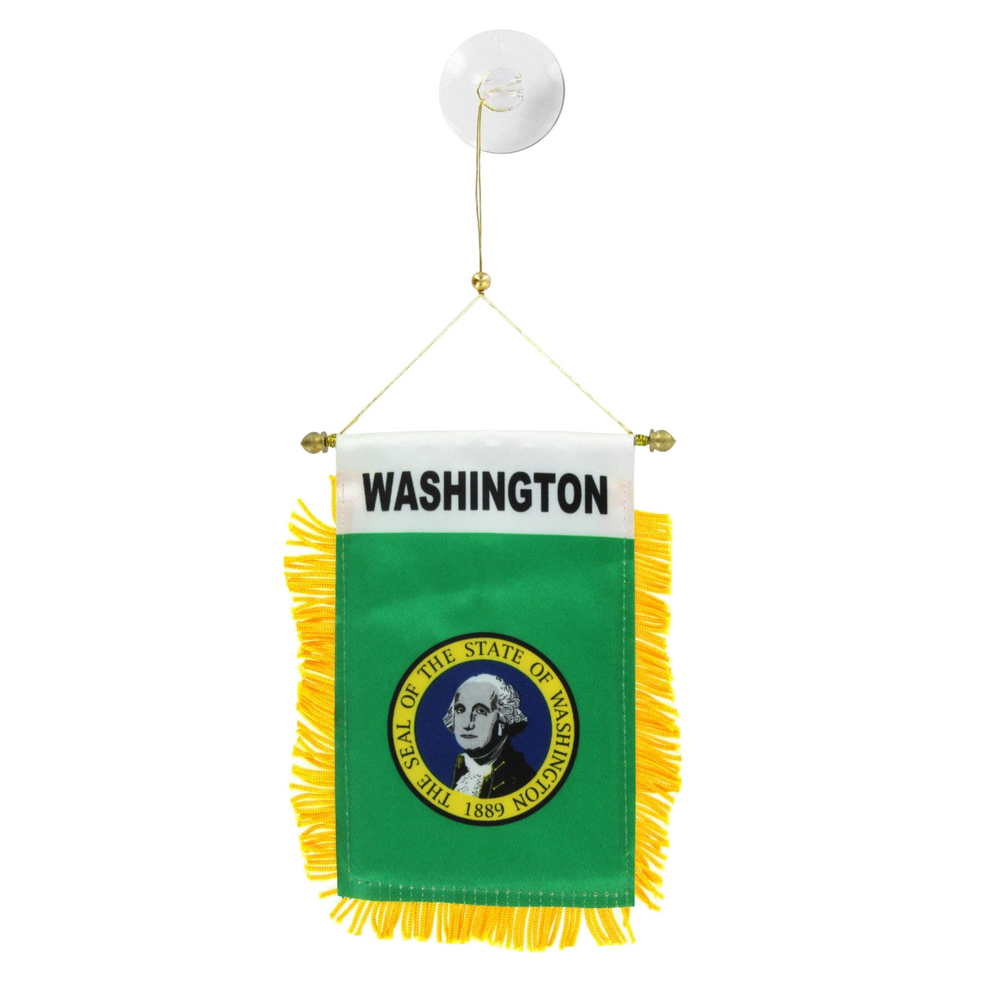 Small hanging flag with 'Washington' text and state seal on a white background