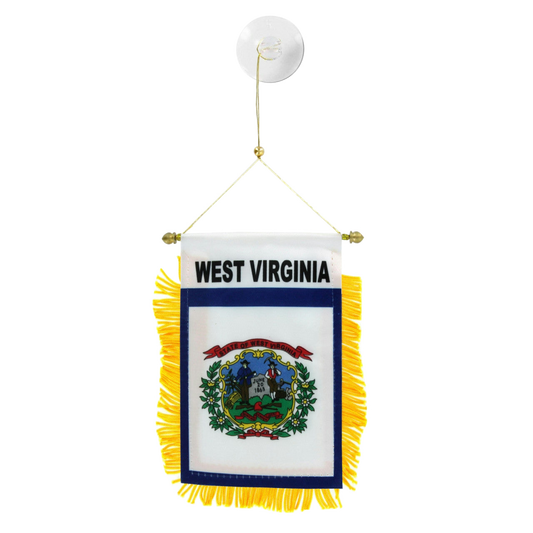 Small hanging flag with 'West Virginia' text and emblem on a white background