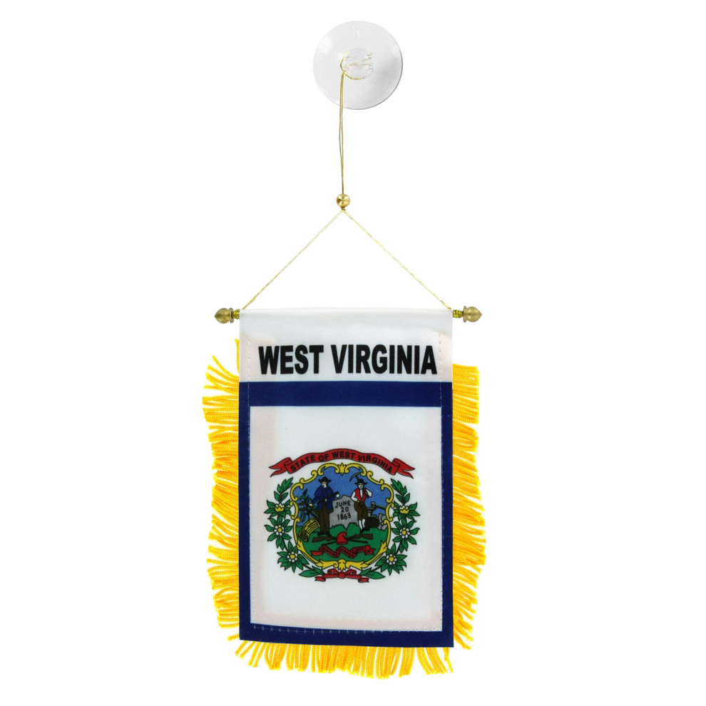 Small hanging flag with 'West Virginia' text and emblem on a white background