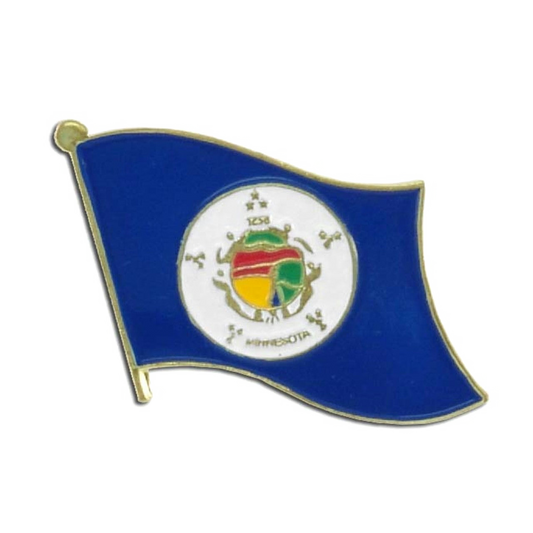 Minnesota flag-shaped badge with a crest design on a blue background
