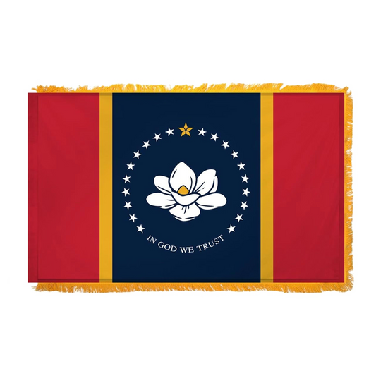 Mississippi state flag with a central emblem featuring a flower and text, on a red and blue background.