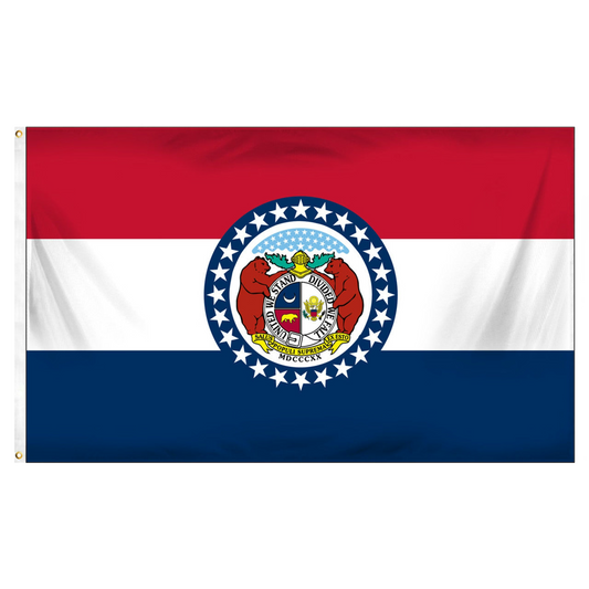 Flag of Missouri with red, white, and blue colors and a central emblem.