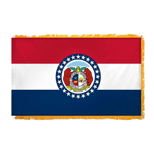 State of Missouri flag with a central emblem on a red, white, and blue background