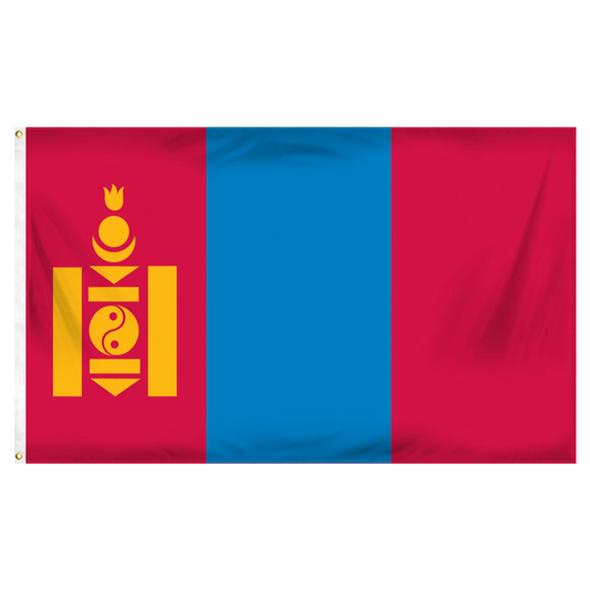 Mongolian flag with a red and blue design featuring a yellow emblem on a white background