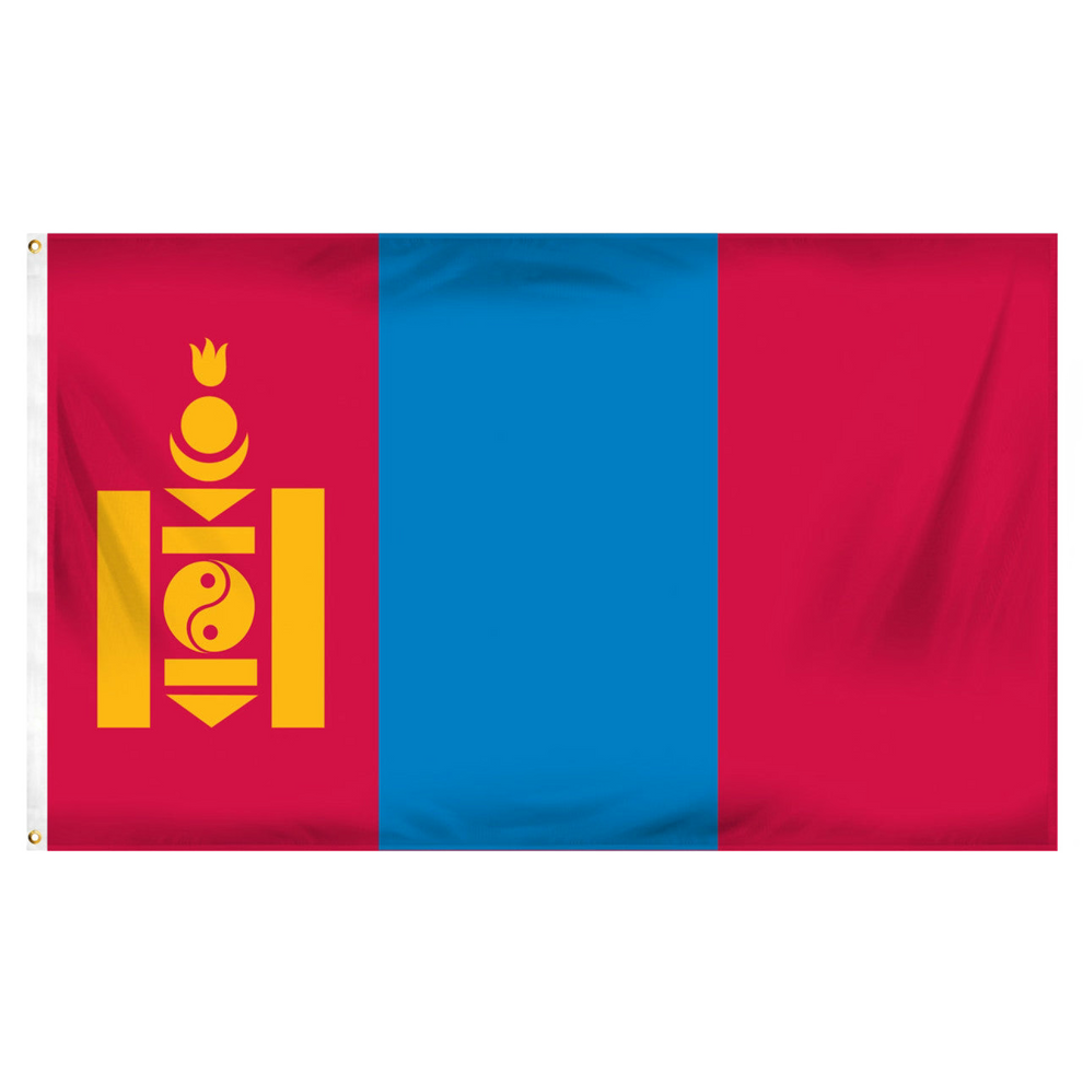 Mongolian flag with a red and blue design featuring a yellow emblem on a white background