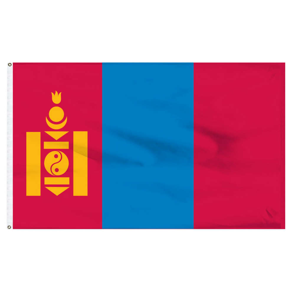 Mongolian flag with a red and blue design featuring a yellow emblem on a white background
