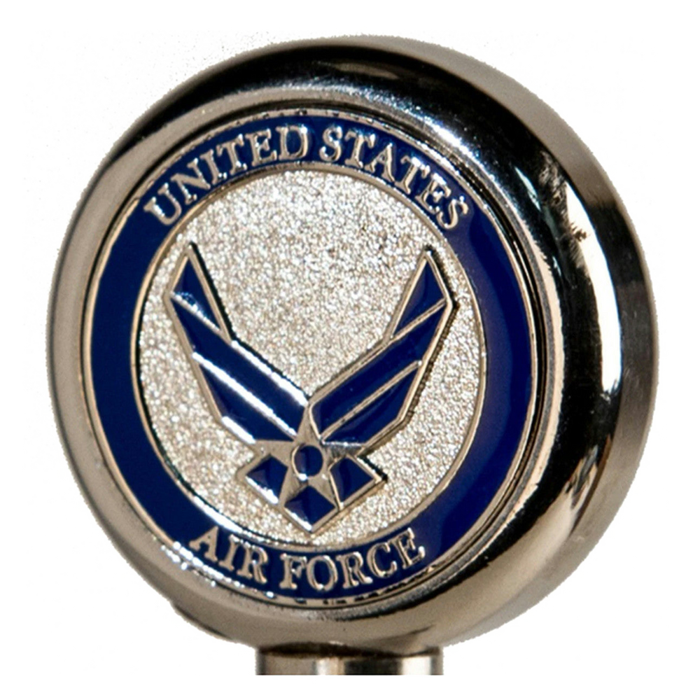 United States Air Force emblem on a round chrome base.