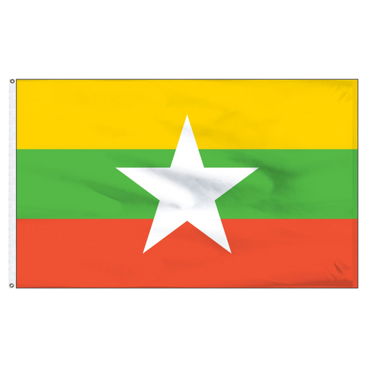 Myanmar flag with yellow, green, and red horizontal stripes and a white star in the center