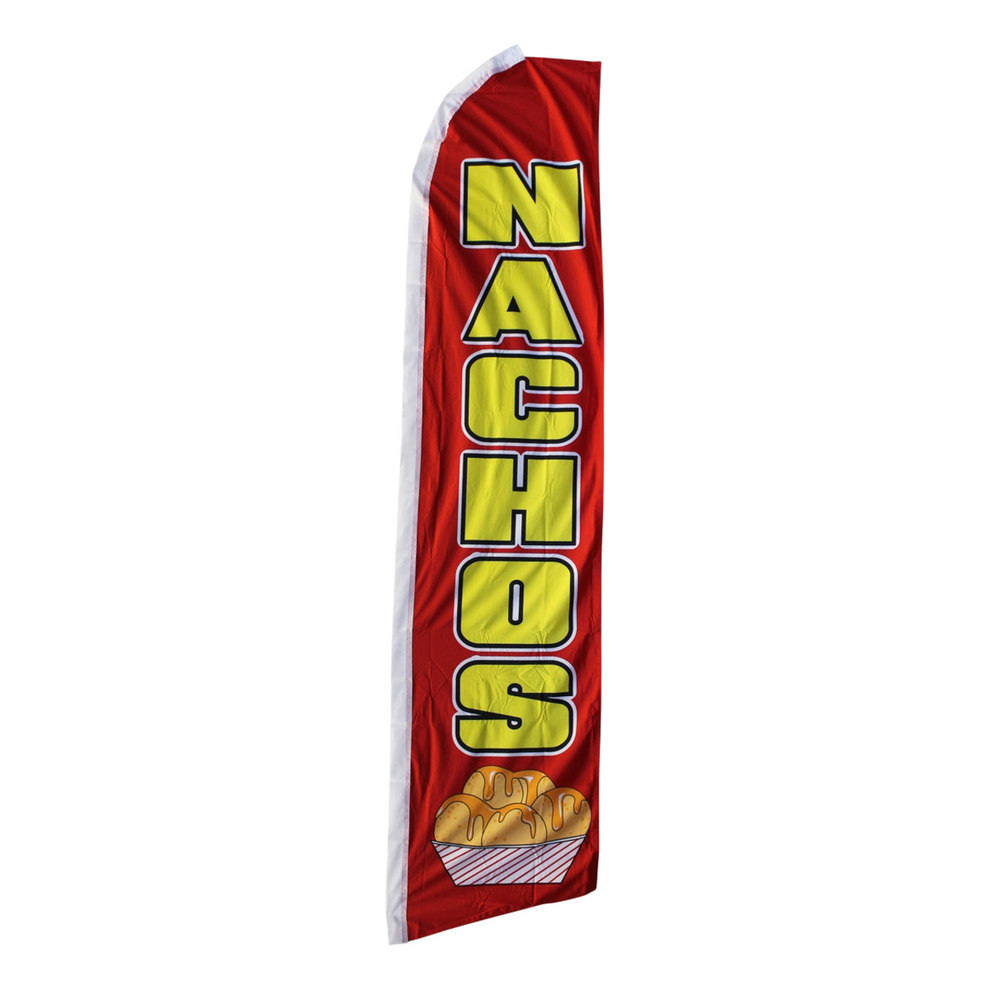 Red feather flag with yellow 'NACHOS' text and a graphic of nachos.