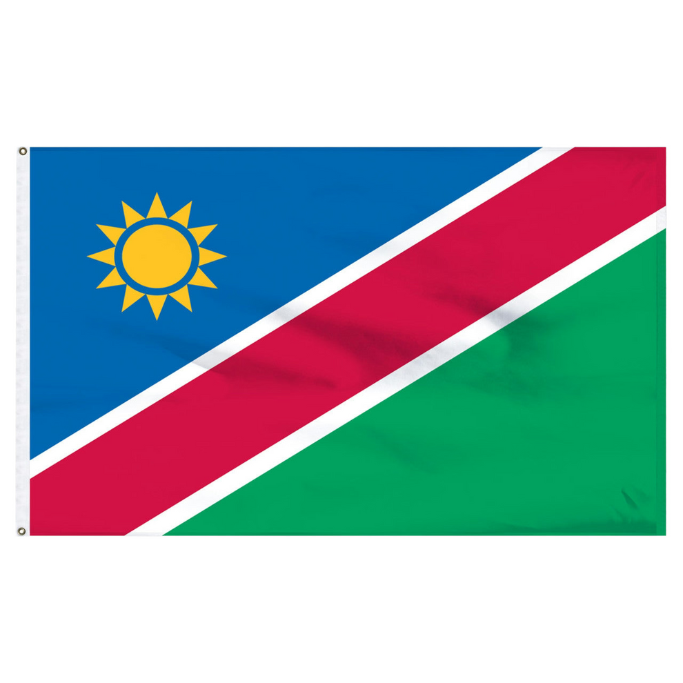Namibian flag with blue, red, and green colors and a yellow sun emblem on a white background