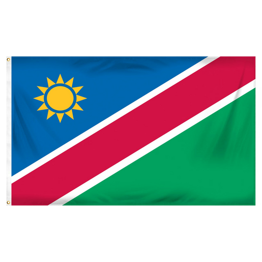 Flag of Namibia with blue, white, red, and green colors and features a yellow sun