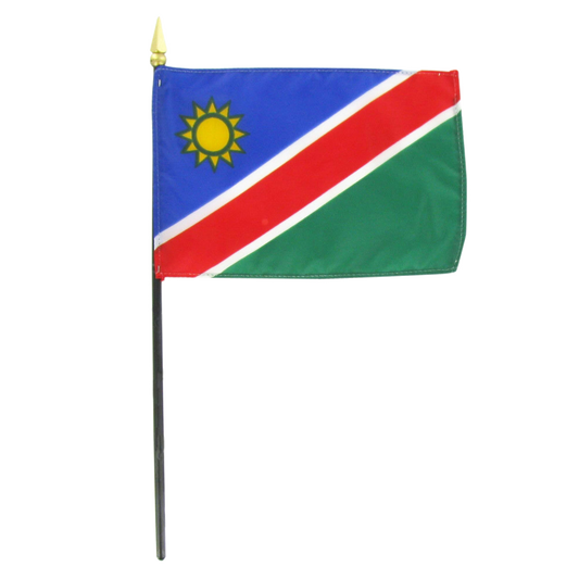 Flag of Namibia with blue, white, red, and green colors and features a yellow sun