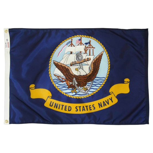 United States Navy flag with emblem and text on a blue background