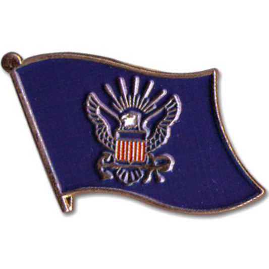 Pin with a blue flag design featuring an eagle emblem on a white background
