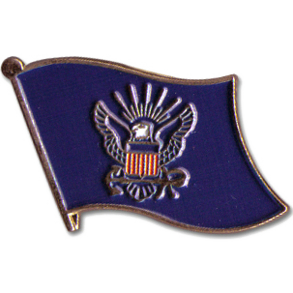 Pin with a blue flag design featuring an eagle emblem on a white background