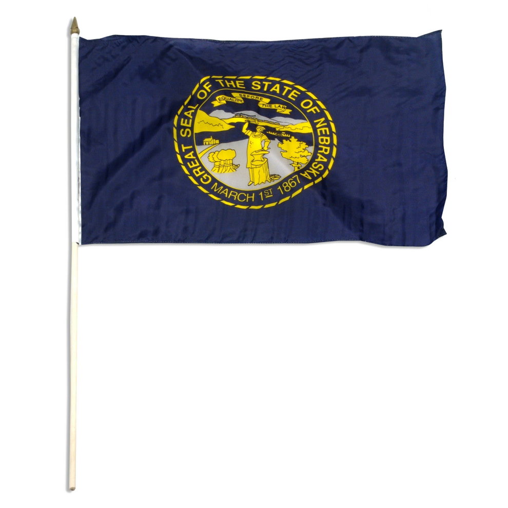 State of Nebraska state stick flag featuring the gold and silver state seal with the motto 'Equality Before the Law' on a solid dark blue field.  Seal includes a steamboat on a river, a train moving across mountains, a blacksmith at work, and a settler's cabin.