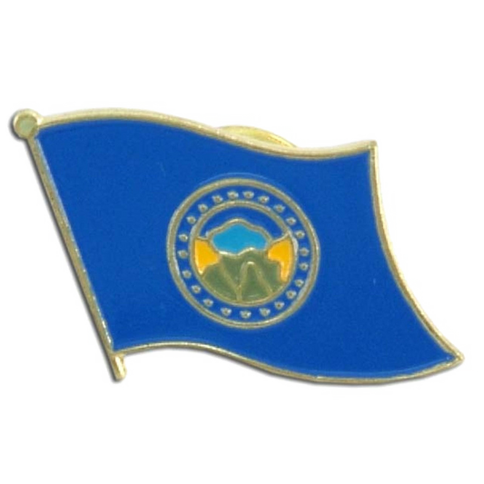 Blue Nebraska flag pin with a circular emblem featuring mountains and water on a white background