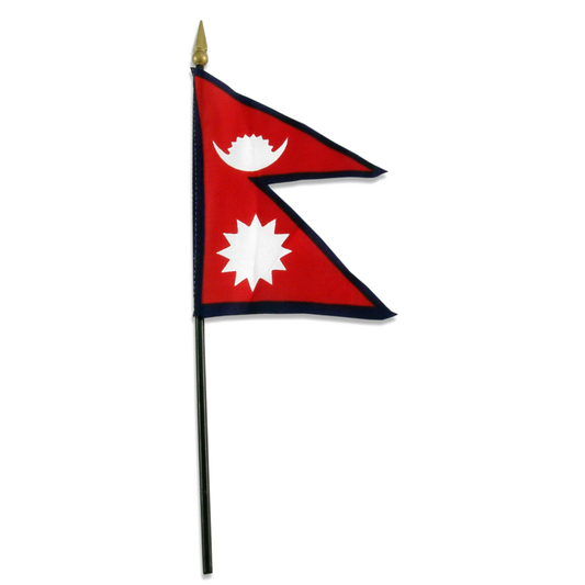 Five-sided flag of Nepal in a stacked red triangular design with blue border and features a white crescent with a white sun and another white sun