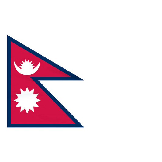 Five-sided flag of Nepal in a stacked red triangular design with blue border and features a white crescent with a white sun and another white sun