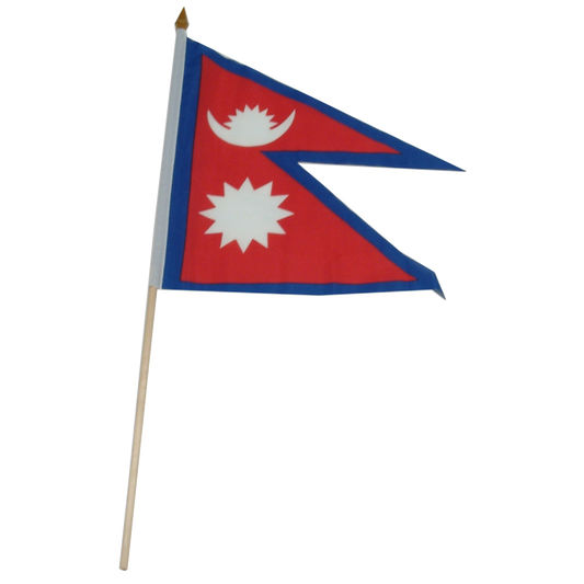 Five-sided flag of Nepal in a stacked red triangular design with blue border and features a white crescent with a white sun and another white sun
