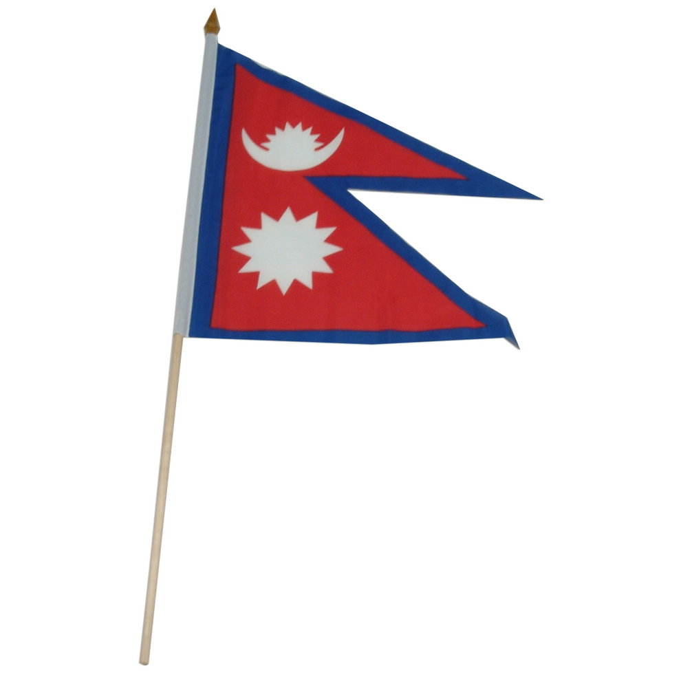 Five-sided flag of Nepal in a stacked red triangular design with blue border and features a white crescent with a white sun and another white sun
