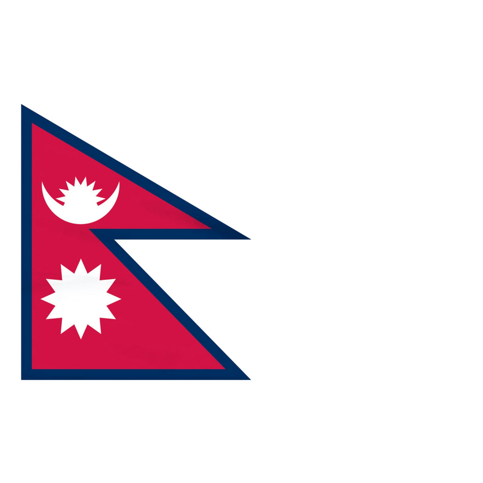 Five-sided flag of Nepal in a stacked red triangular design with blue border and features a white crescent with a white sun and another white sun