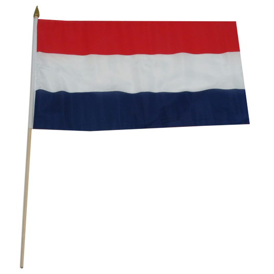 Netherlands national flag on a stick with red, white, and blue stripes on a white background