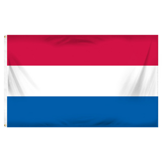 Netherlands flag with red, white, and blue horizontal stripes on a white background