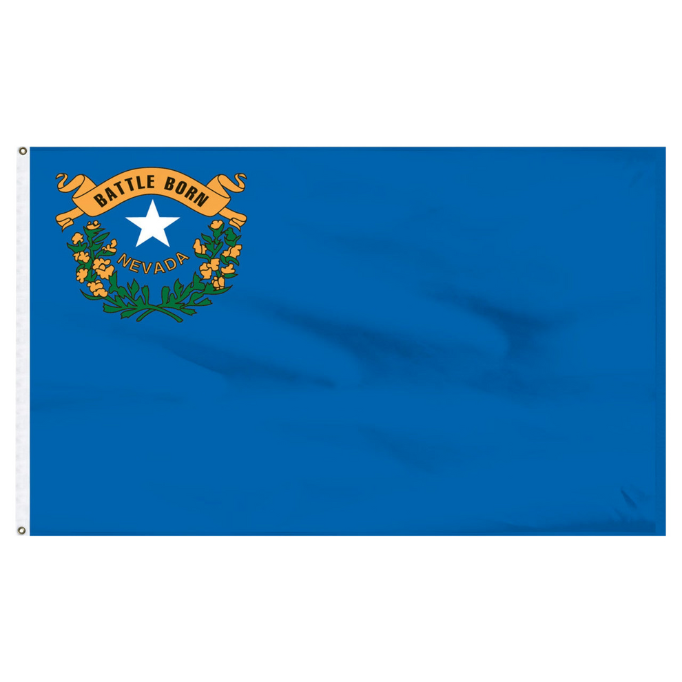State of Nevada flag featuring the silver star, sagebrush wreath, and 'Battle Born' gold scroll emblem on a solid cobalt blue field.