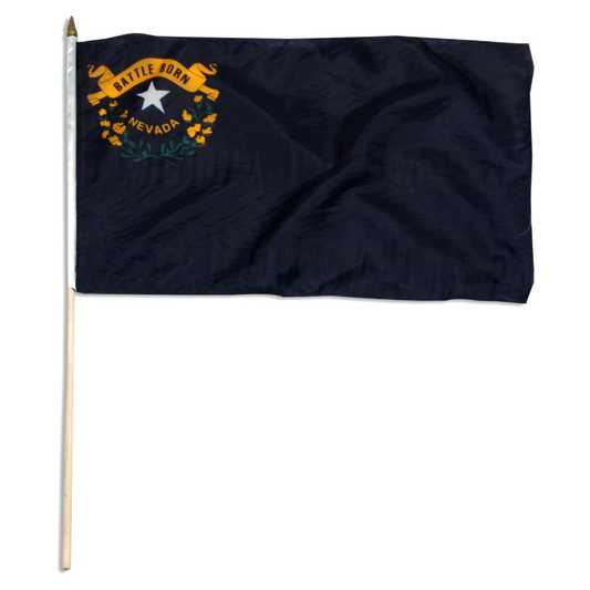 State of Nevada stick flag featuring the silver star, sagebrush wreath, and 'Battle Born' gold scroll emblem on a solid cobalt blue field.