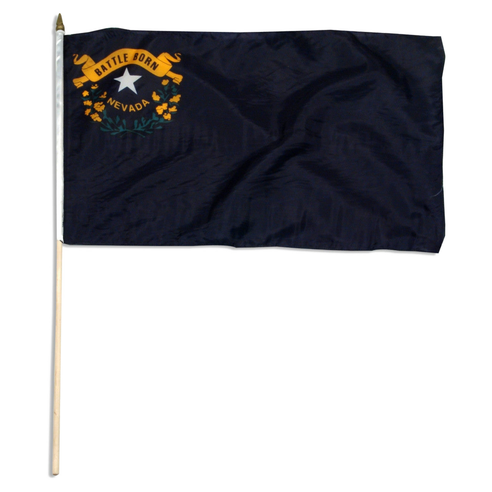State of Nevada stick flag featuring the silver star, sagebrush wreath, and 'Battle Born' gold scroll emblem on a solid cobalt blue field.