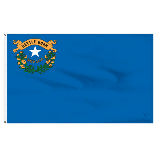 State of Nevada flag featuring the silver star, sagebrush wreath, and 'Battle Born' gold scroll emblem on a solid cobalt blue field.