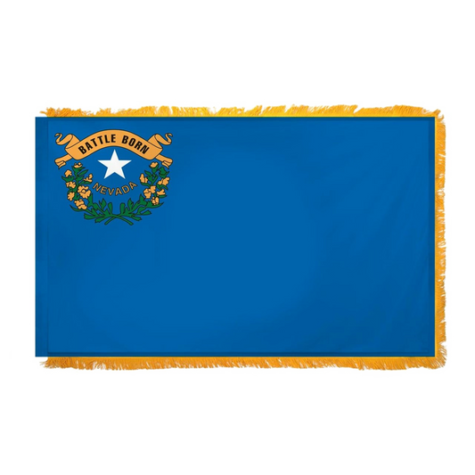 State of Nevada flag featuring the silver star, sagebrush wreath, and 'Battle Born' gold scroll emblem on a solid cobalt blue field.  This flag features yellow fringe.