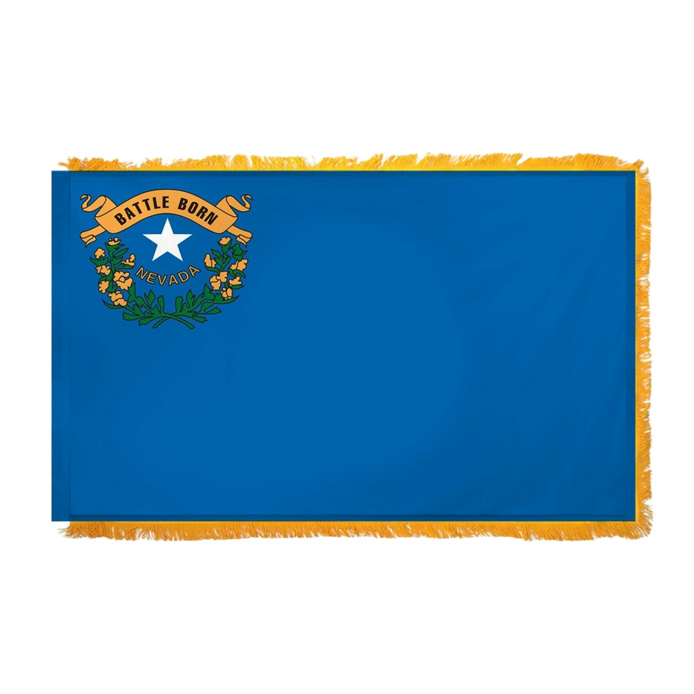 State of Nevada flag featuring the silver star, sagebrush wreath, and 'Battle Born' gold scroll emblem on a solid cobalt blue field.  This flag features yellow fringe.