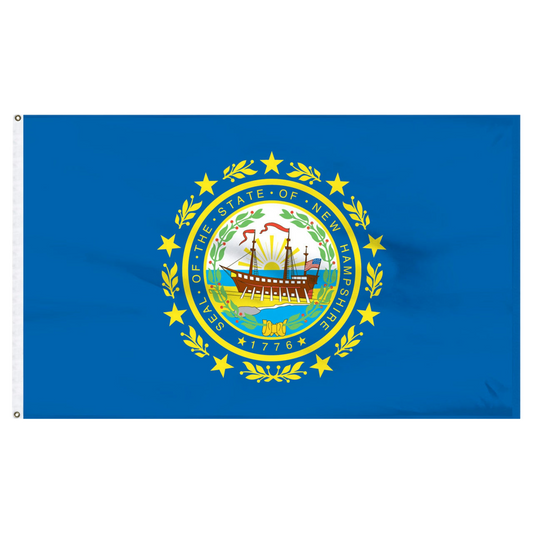 State of New Hampshire flag featuring the full-color state seal with the frigate Raleigh, a laurel wreath, and 'Seal of the State of New Hampshire 1776' text on a solid dark blue field.