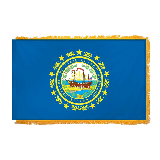 State of New Hampshire flag featuring the full-color state seal with the frigate Raleigh, a laurel wreath, and 'Seal of the State of New Hampshire 1776' text on a solid dark blue field.  This flag features yellow fringe.