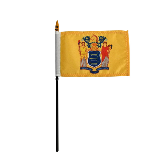 Small state of New Jersey stick flag with a coat of arms on a yellow background