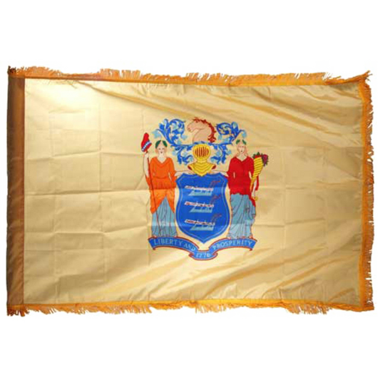 New Jersey state flag with a coat of arms design on a beige background