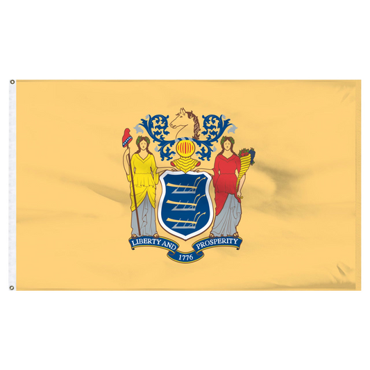 New Jersey state flag with a coat of arms and 'Liberty and Prosperity 1776' text on a yellow background