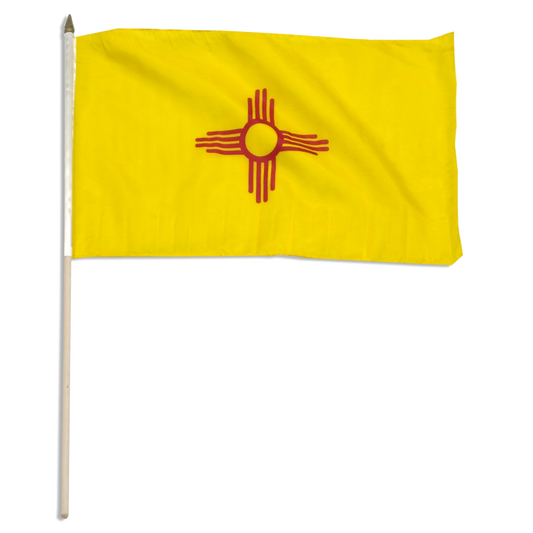Yellow state of New Mexico stick flag with red star design on a white background