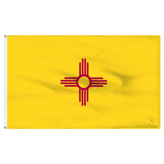 New Mexico state flag with a red circle with sixteen lines on a yellow background